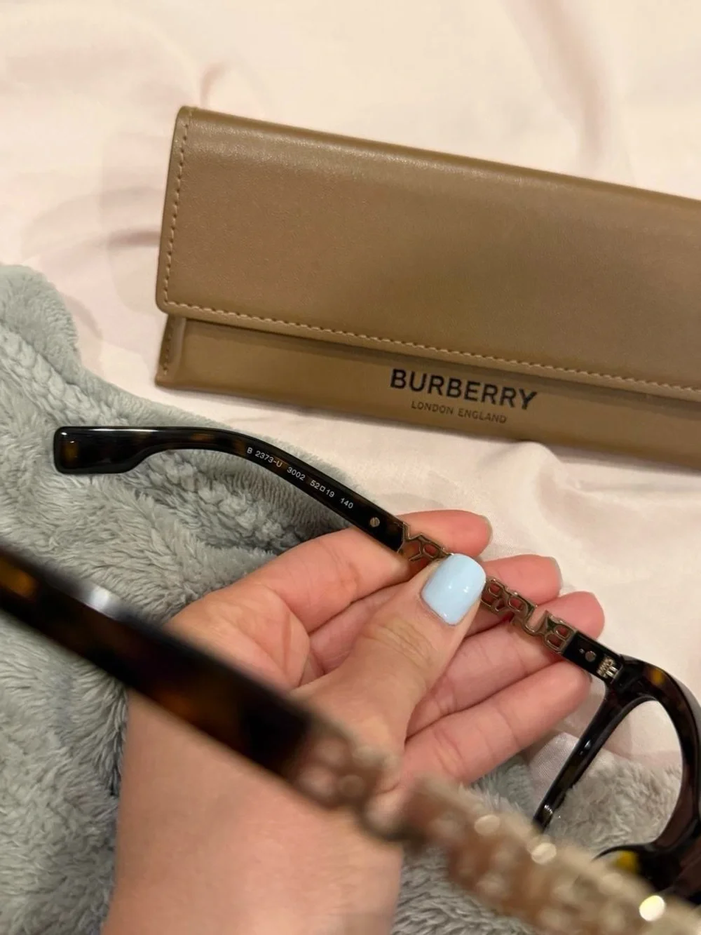 Burberry Tortoiseshell Cat-Eye Glasses with Gold Chain Temple